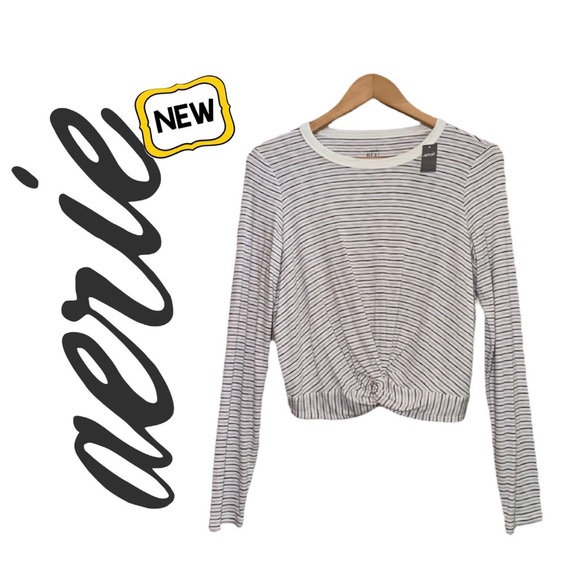New AERIE Real Soft Stripe Twist Front Long Sleeve Ribbed Crop Tee Shirt Women M - Picture 1 of 12